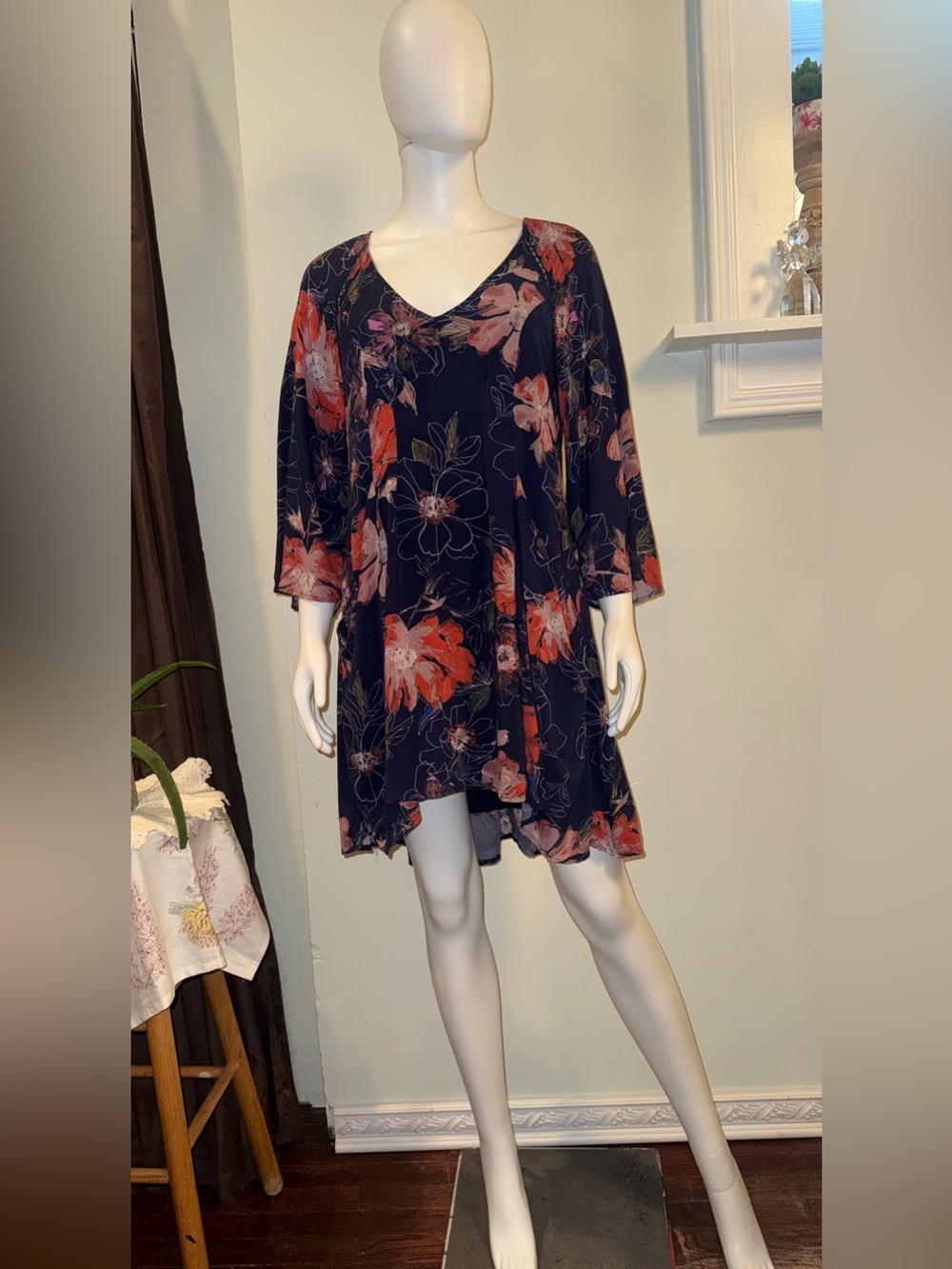 Free People Navy Floral Mini Dress with Coral and Pink Blooms